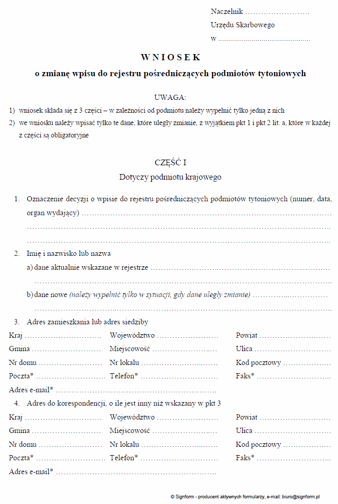 Wniosek o wpis (zmianę wpisu) do rejestru pośredniczących podmiotów tytoniowych