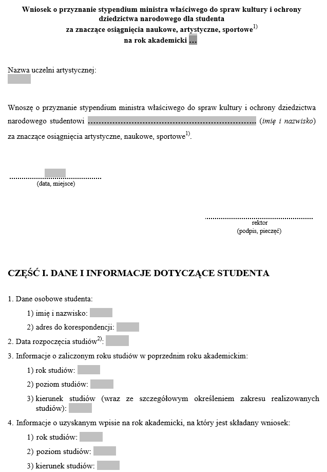 Wniosek o przyznanie stypendium ministra właściwego do spraw kultury i ochrony