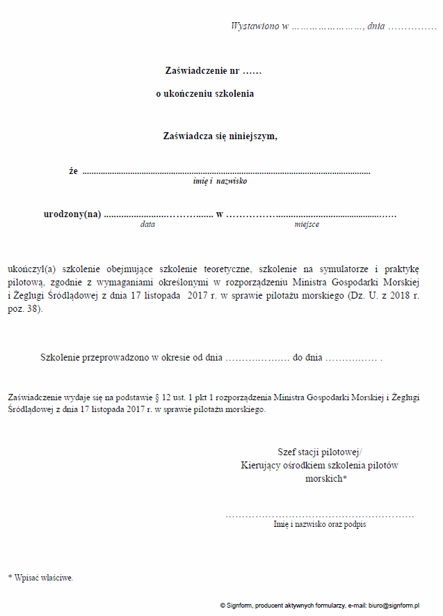Zaświadczenie o uzyskaniu pozytywnego wyniku testu sprawnościowego pilota morskiego