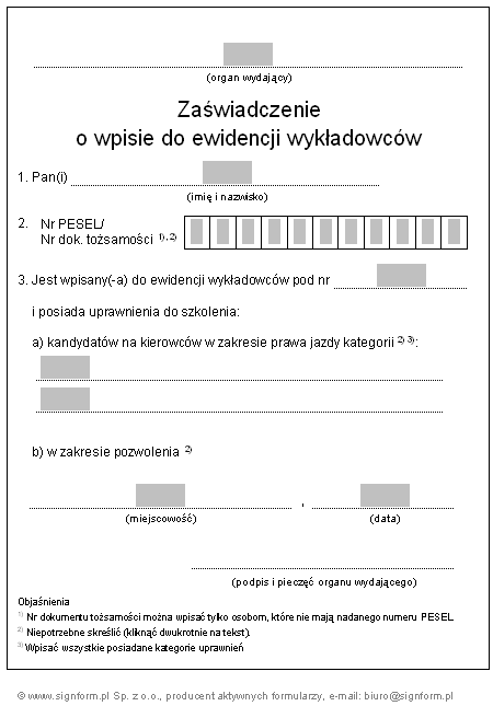 Wzory w sprawie uzyskiwania uprawnień przez instruktorów i wykładowców (uprawnienia do kierowanie pojazdami)