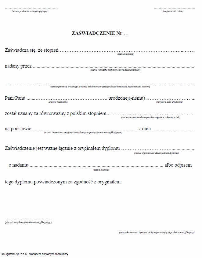 Zaświadczenie w sprawie nostryfikacji stopni naukowych i stopni w zakresie sztuki uzyskanych za granicą