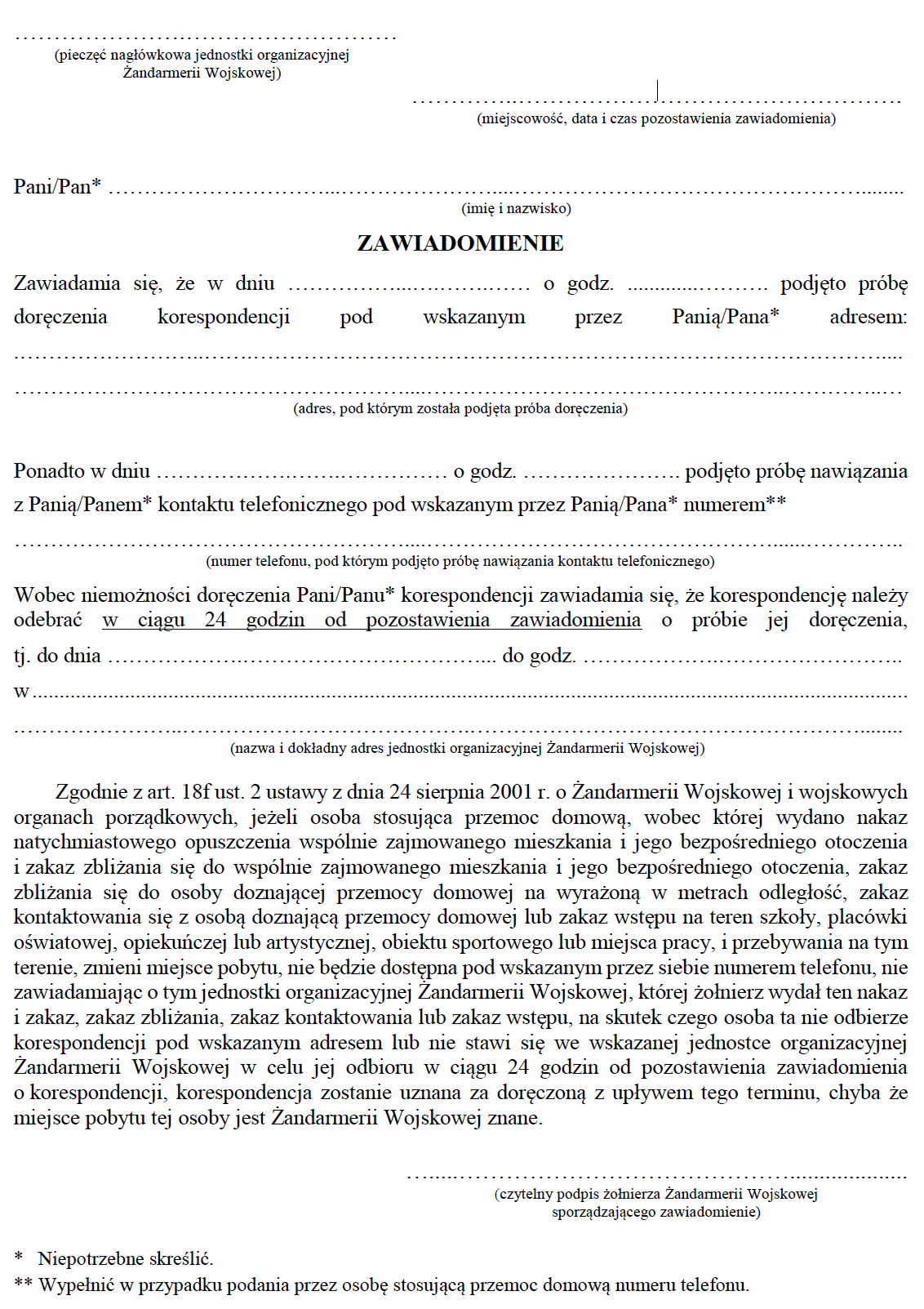 Zawiadomienie osoby stosującej przemoc domową - Wzór formularza