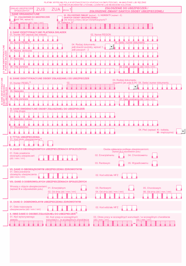 ZUS ZUA, ZUS ZCNA, ZUS ZZA, ZUS ZIUA, ZUS ZWUA, ZUS ZPA, ZUS ZFA, ZUS ZIPA, ZUS ZWPA, ZUS ZBA, ZUS ZAA, ZUS RCA, ZUS RZA, ZUS RSA, ZUS DRA, Informacja miesięczna dla osoby ubezpieczonej, Informacja roczna dla osoby ubezpieczonej, ZUS ZSWA